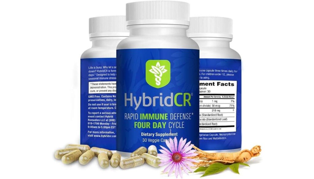 A set of three bottles of HybridCR dietary supplement with capsules and herbal ingredients displayed in front.