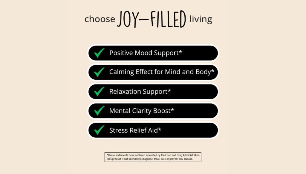 Promotional image listing the benefits of Joy-Filled Mood Support Supplement, with green checkmarks next to each benefit.