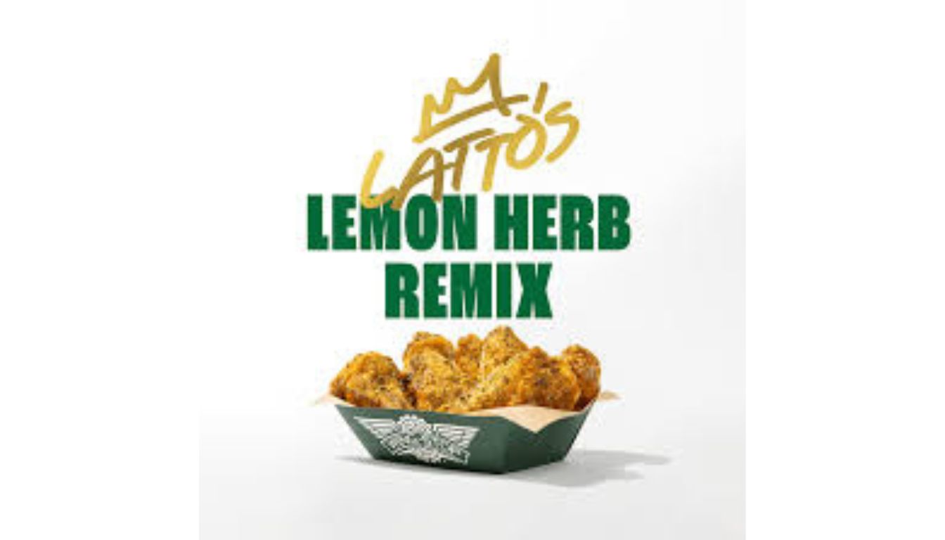 A promotional image featuring a box of lemon herb seasoned chicken wings with the text "Latto's Lemon Herb Remix" above it.