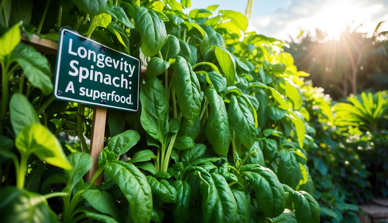 A lush green plant labeled as "Longevity Spinach: A superfood" growing in a garden with sunlight filtering through the leaves.