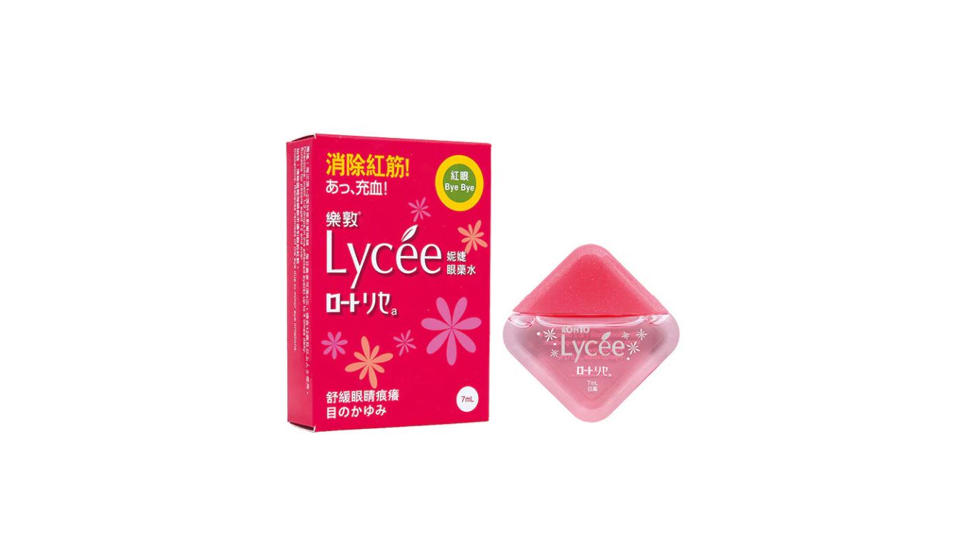 A box and bottle of Lycee eye drops. The box is pink with white and yellow text, featuring floral designs. The bottle is diamond-shaped, transparent with a pink cap, and contains a pink liquid.