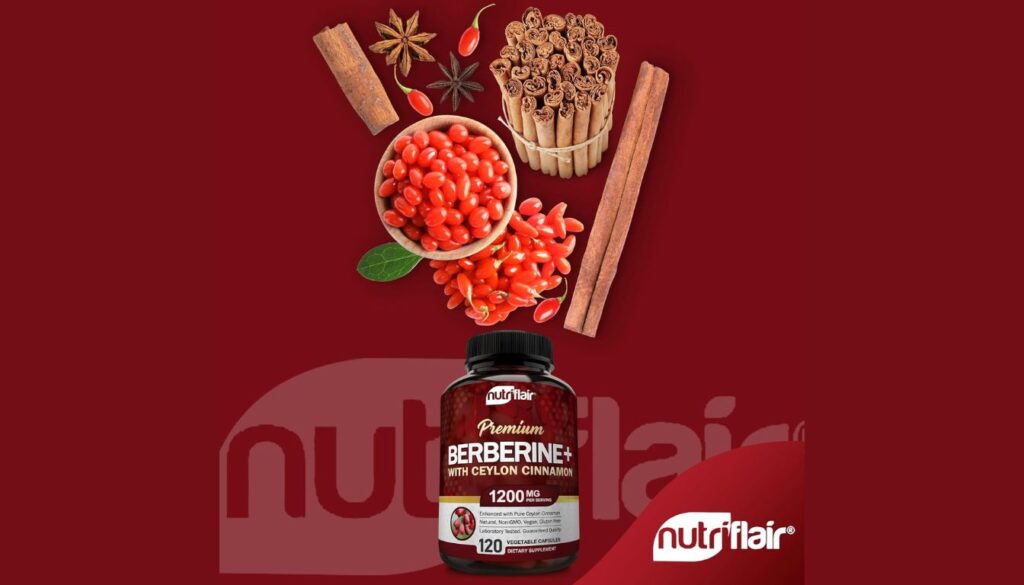 A bottle of NutriFlair Premium Berberine+ with Ceylon Cinnamon dietary supplement, surrounded by cinnamon sticks, star anise, and red berries on a red background.