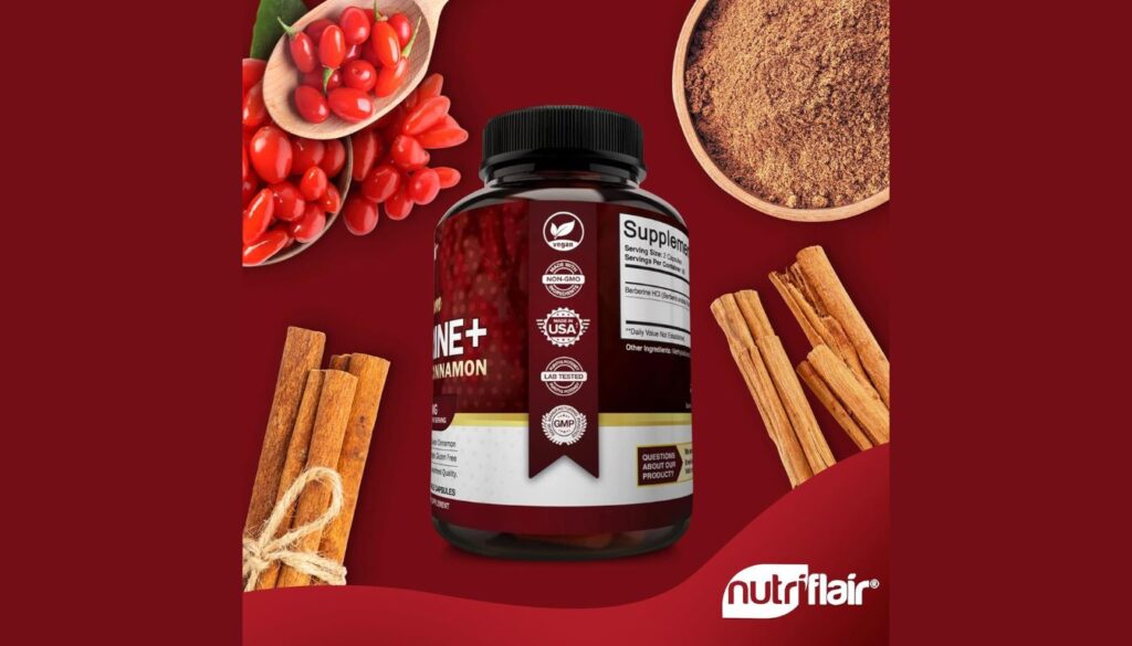 A bottle of NutriFlair Premium Berberine + Cinnamon supplement surrounded by images of goji berries, cinnamon sticks, and ground cinnamon powder.