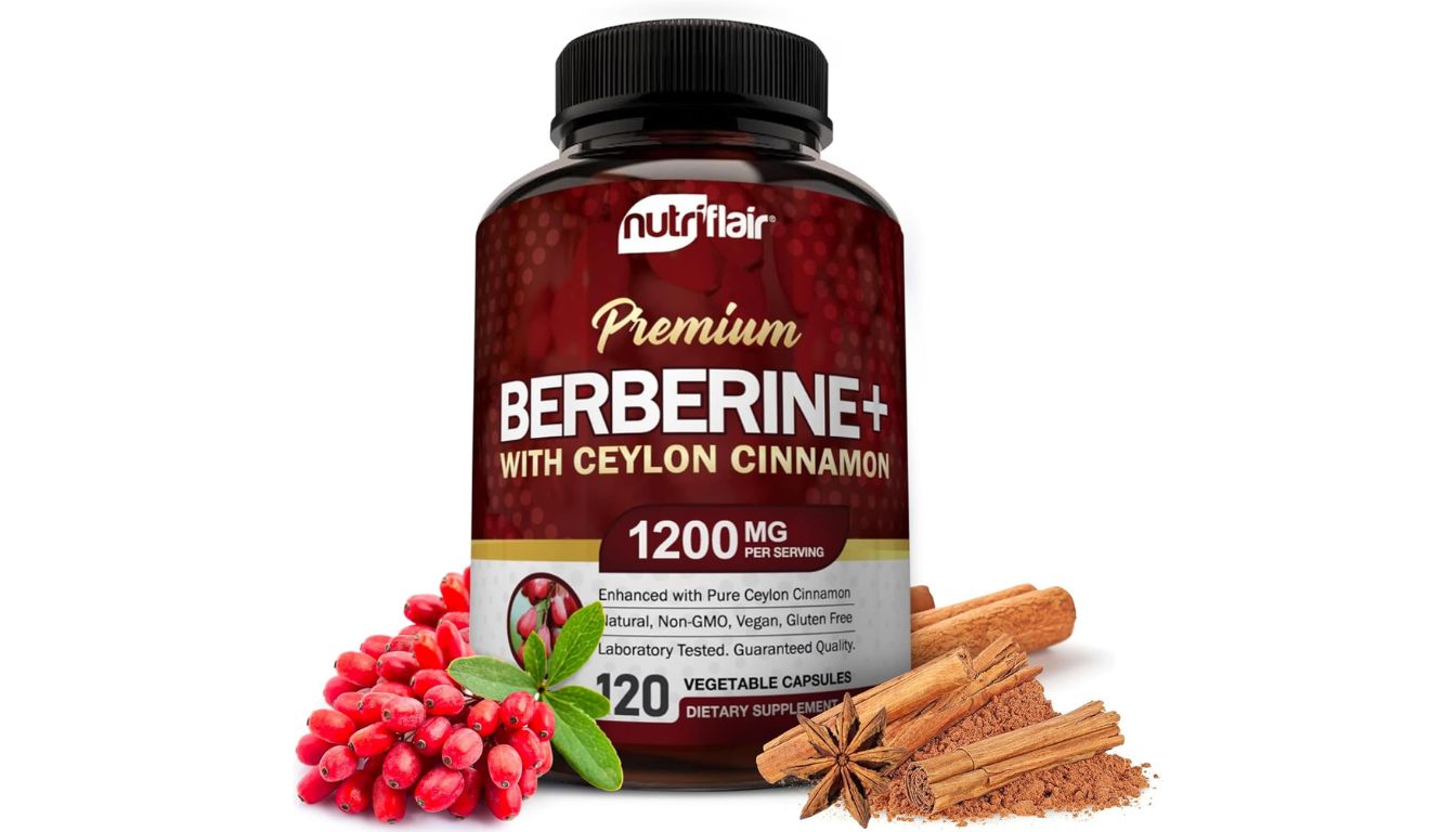 A bottle of NutriFlair Premium Berberine with Ceylon Cinnamon dietary supplement, featuring 1200 mg per serving and 120 vegetable capsules.