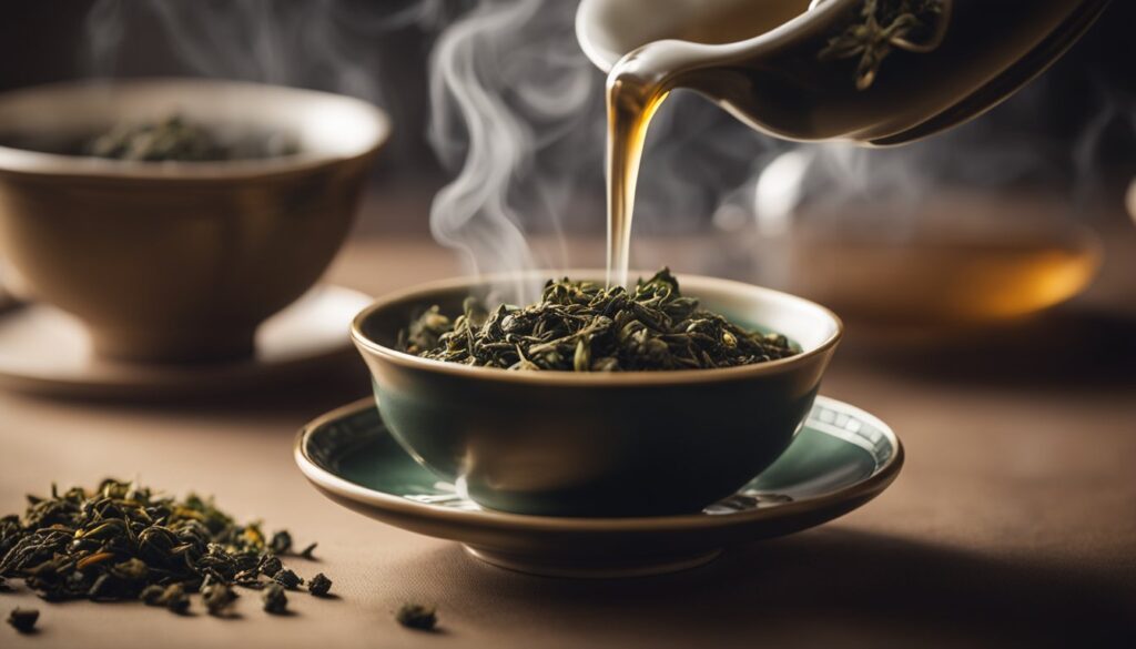 A steaming cup of oolong tea being poured from a teapot into a bowl filled with loose oolong tea leaves.