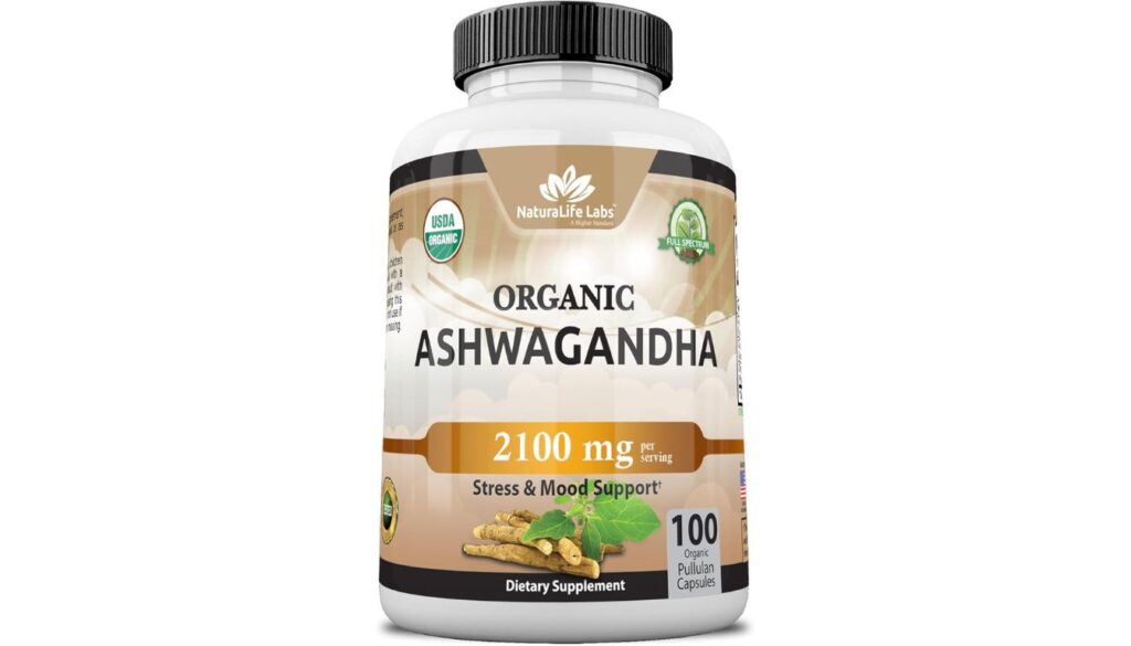 A bottle of NaturalLife Labs Organic Ashwagandha dietary supplement, labeled as 2100 mg per serving for stress and mood support, containing 100 organic pullulan capsules.