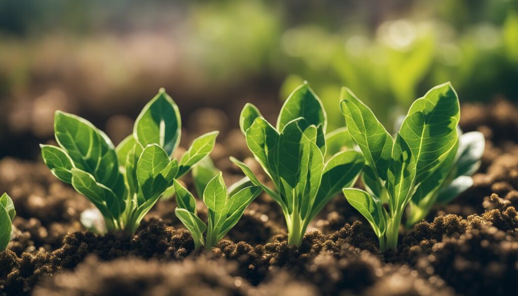 Close-up of young green plants growing in soil with sunlight shining on them.
