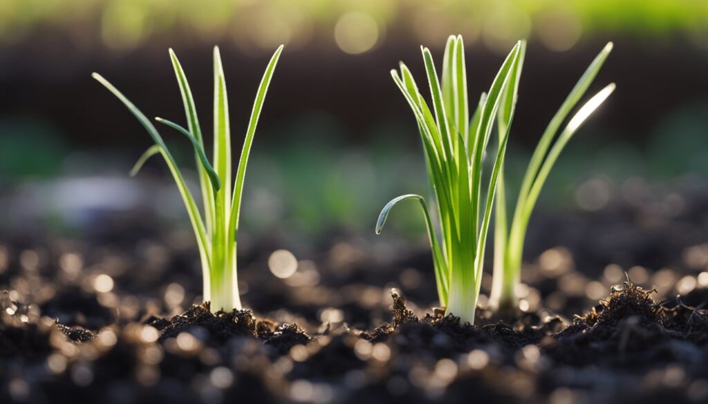 Close-up of young onion seedlings sprouting from soil in a garden bed.