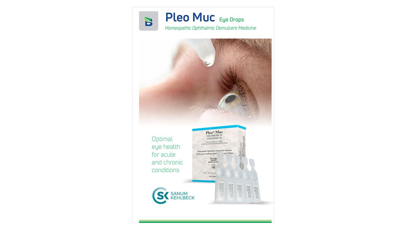 A close-up image of an eye with a drop of Pleo Muc eye drops being applied. The packaging of Pleo Muc eye drops and individual vials are shown below the eye.