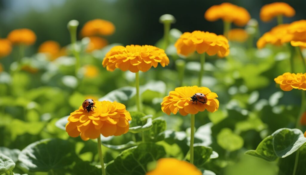 Two ladybugs on vibrant orange flowers in a garden with green leaves in the background.