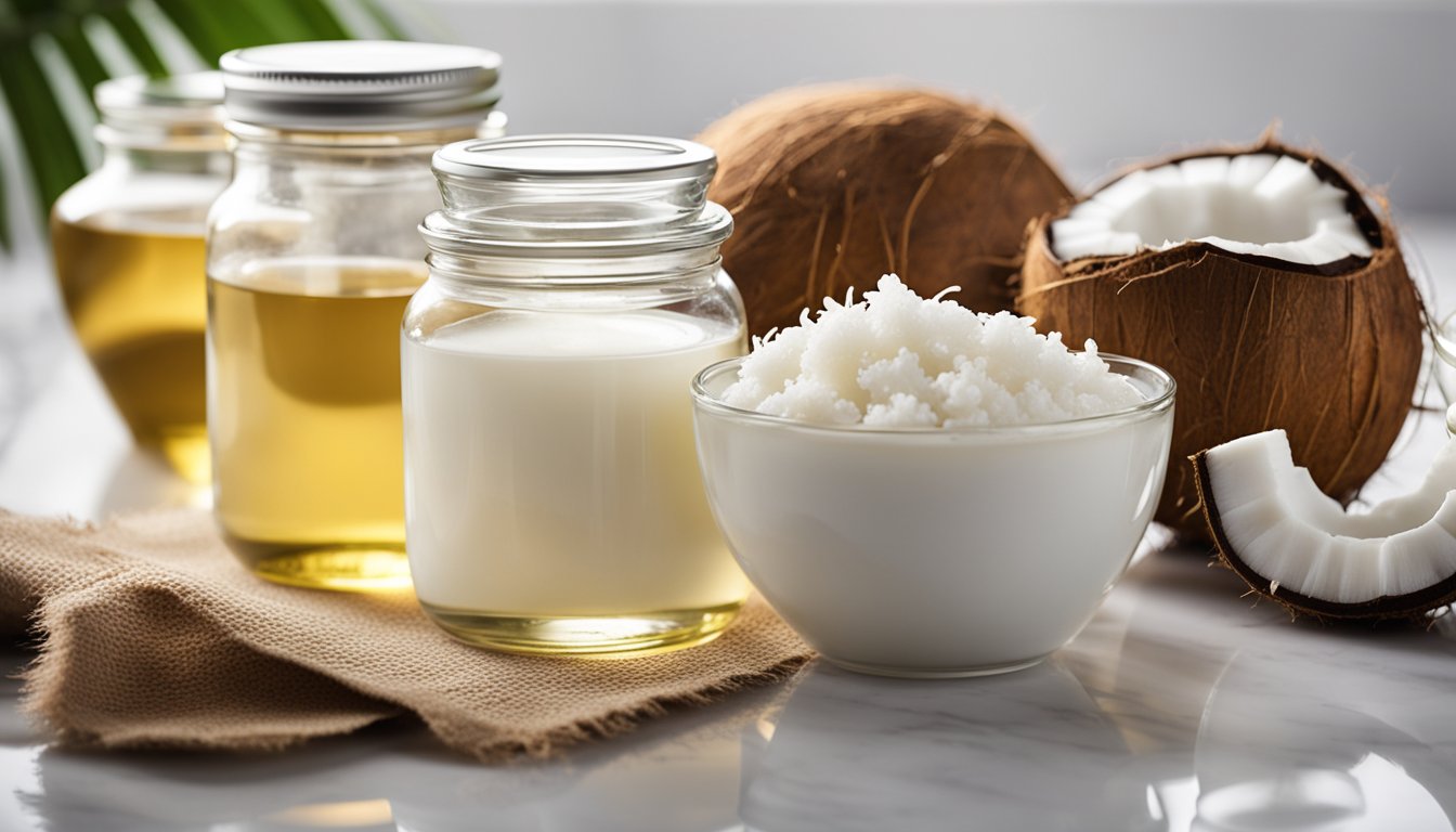 Various forms of coconut oil in jars and a bowl, with whole and halved coconuts in the background.