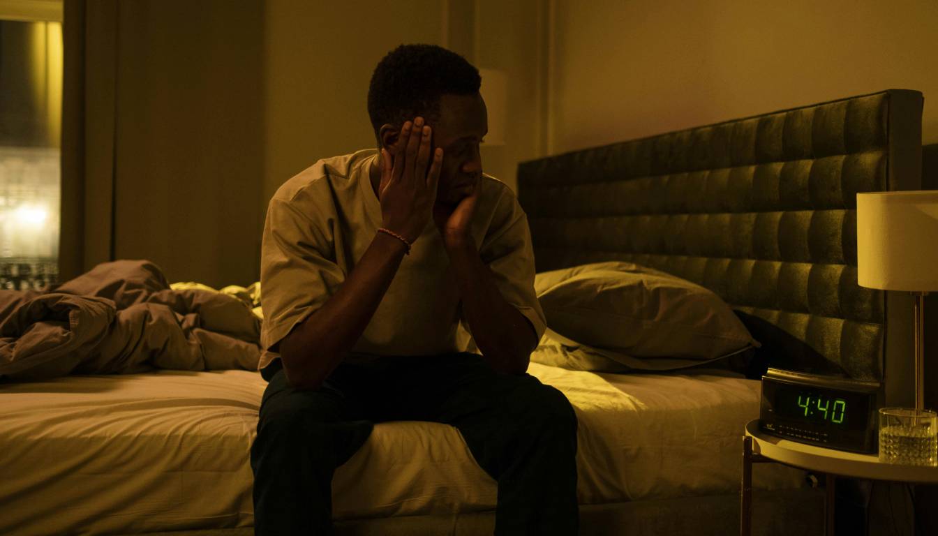 A person sitting on the edge of a bed in a dimly lit room, with hands covering the face. An alarm clock on the bedside table shows the time as 4:40.