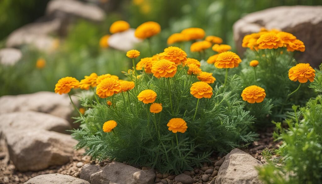 A cluster of vibrant orange marigold flowers in a garden, surrounded by rocks and green foliage.