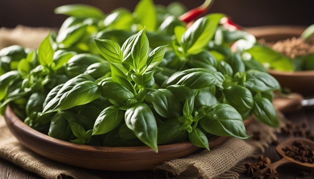 A wooden bowl filled with fresh Thai basil leaves, placed on a burlap cloth with spices scattered around.