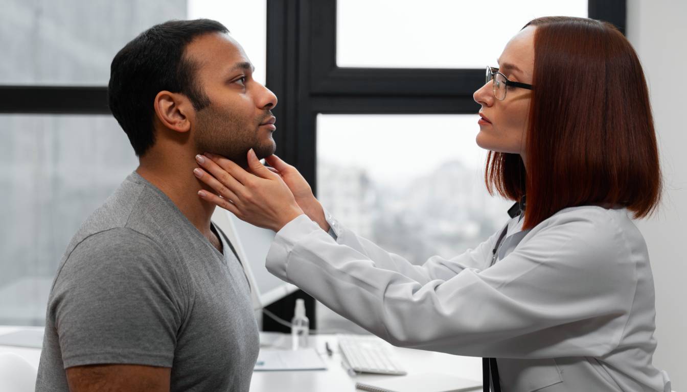 A healthcare professional examining a patient's neck in a clinical setting.