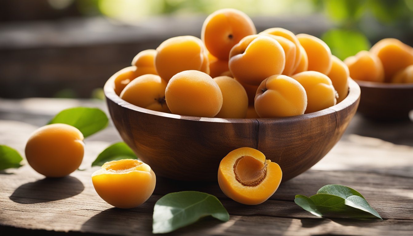 A wooden bowl filled with fresh apricots, with a few apricots and green leaves scattered around on a wooden surface.