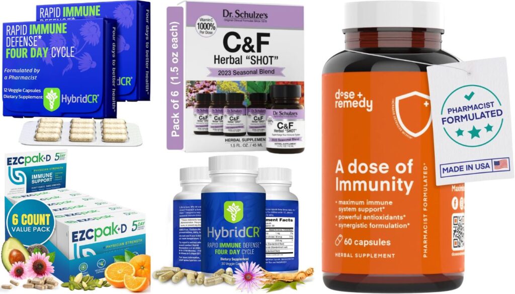 A variety of herbal supplements designed to boost the immune system, including products from HybridCR, Dr. Schulze’s, EZCpak, and Dose + Remedy.