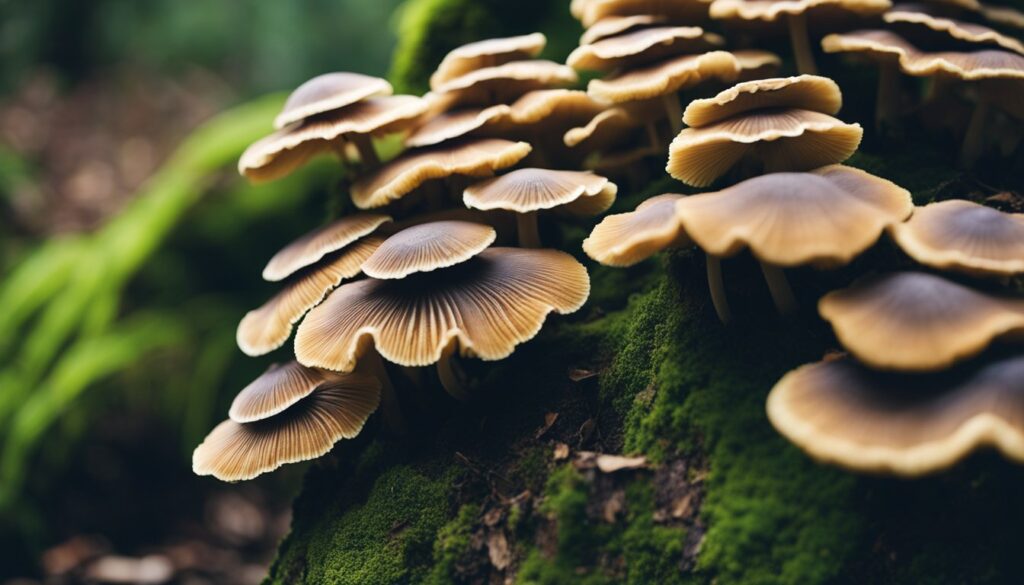 A cluster of mushrooms with brown caps and gills growing on a moss-covered log in a forest.
