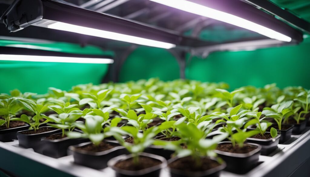 A grow kit with multiple small plants under bright LED lights, illustrating the importance of light cycles in plant growth.