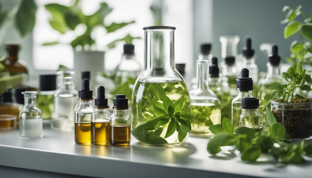 A laboratory setup with various glass bottles and beakers containing natural extracts and essential oils, surrounded by fresh green herbs and plants.