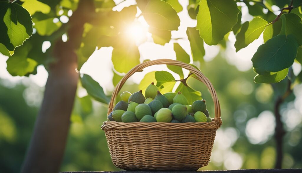 A wicker basket filled with green figs is placed on a wooden surface, with fig leaves and branches in the background. Sunlight filters through the leaves, creating a warm and serene atmosphere.