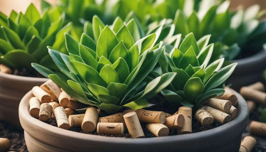 Succulent plants in a pot with wine corks used as mulch.