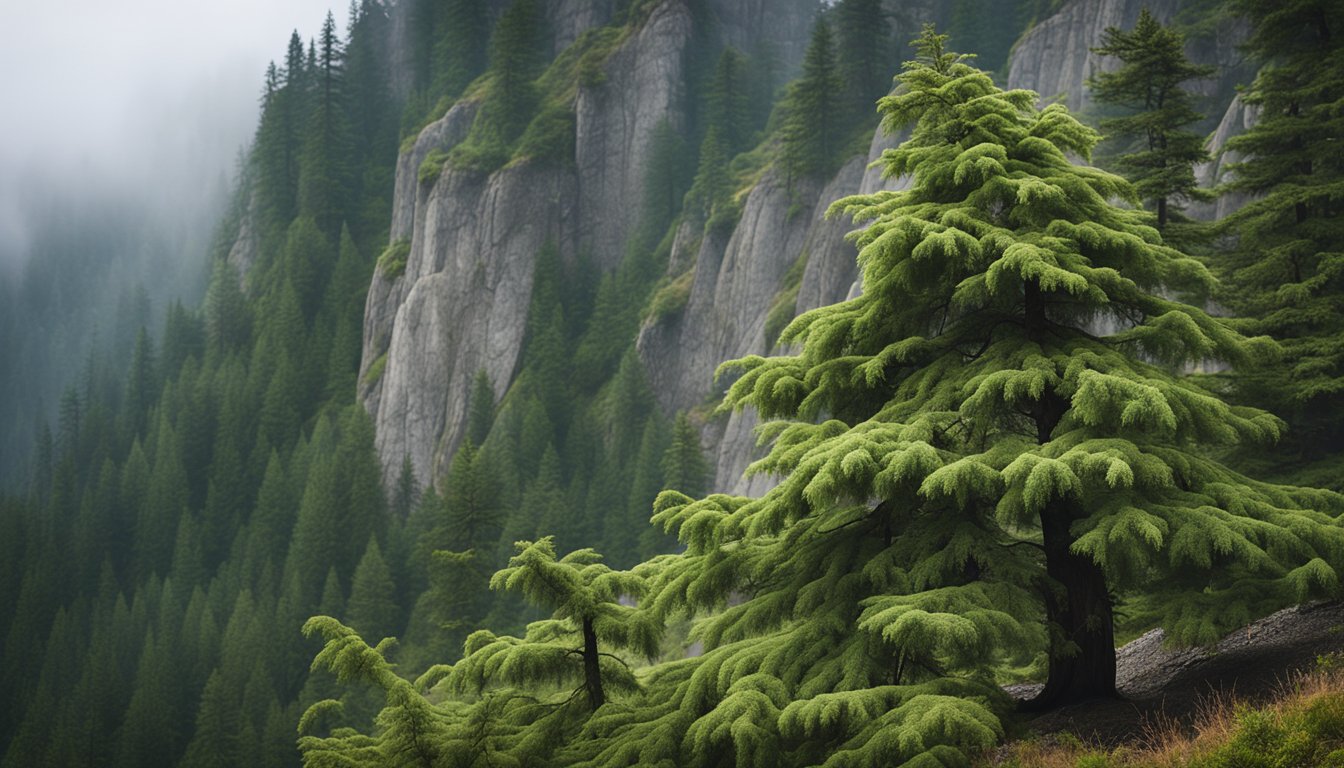 A lush, green Weeping Alaskan Cedar tree stands prominently in the foreground of a misty, mountainous forest landscape. The tree's branches droop gracefully, creating a cascading effect. In the background, steep rocky cliffs and dense coniferous trees are partially obscured by fog.