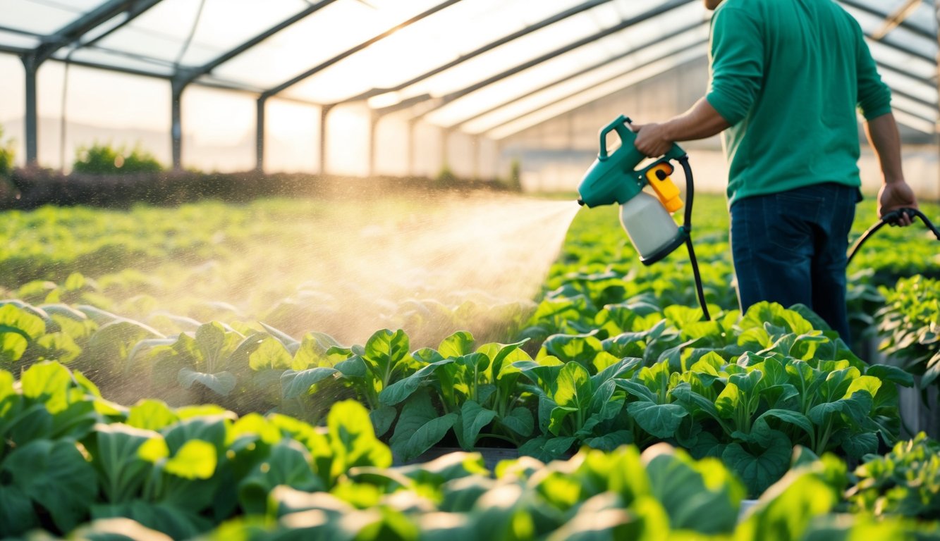 A person in a green shirt uses a handheld sprayer to apply foliar spray to rows of leafy green plants inside a greenhouse.