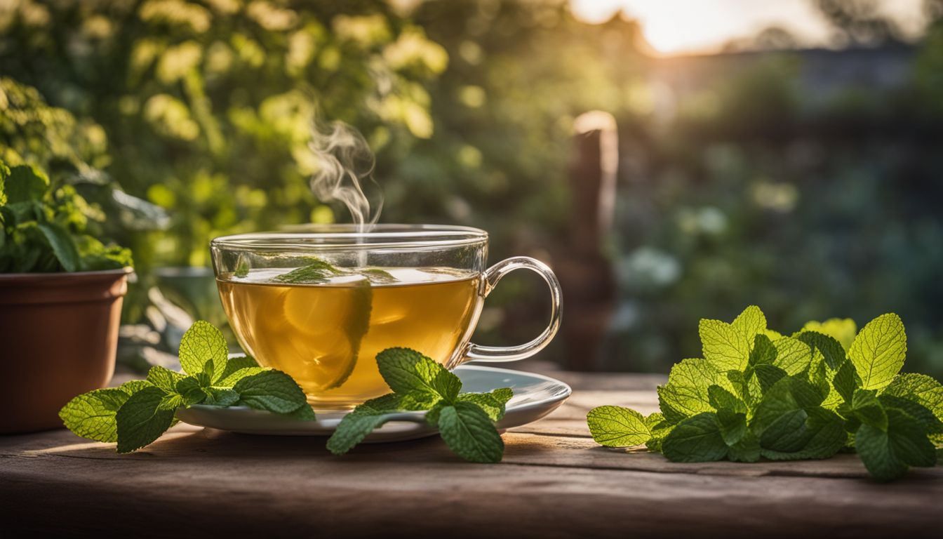 A steaming cup of lemon balm tea with fresh lemon balm leaves on a wooden table in a garden setting.