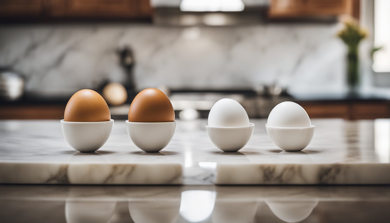 Four eggs in white egg cups, two brown eggs on the left and two white eggs on the right, placed on a marble countertop in a kitchen setting.