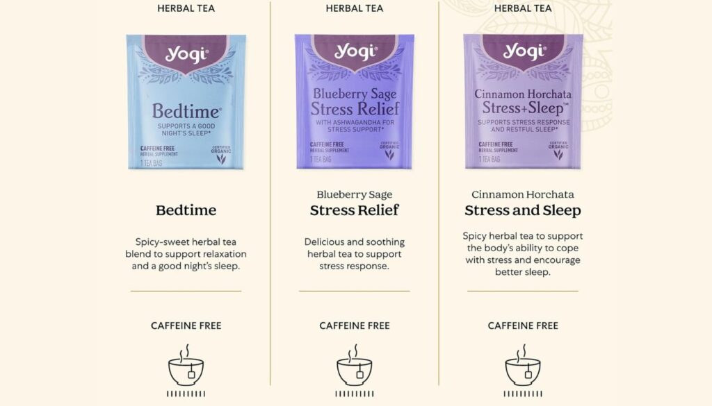 Three packets of Yogi herbal tea: Bedtime, Blueberry Sage Stress Relief, and Cinnamon Horchata Stress + Sleep, all caffeine-free and certified organic.