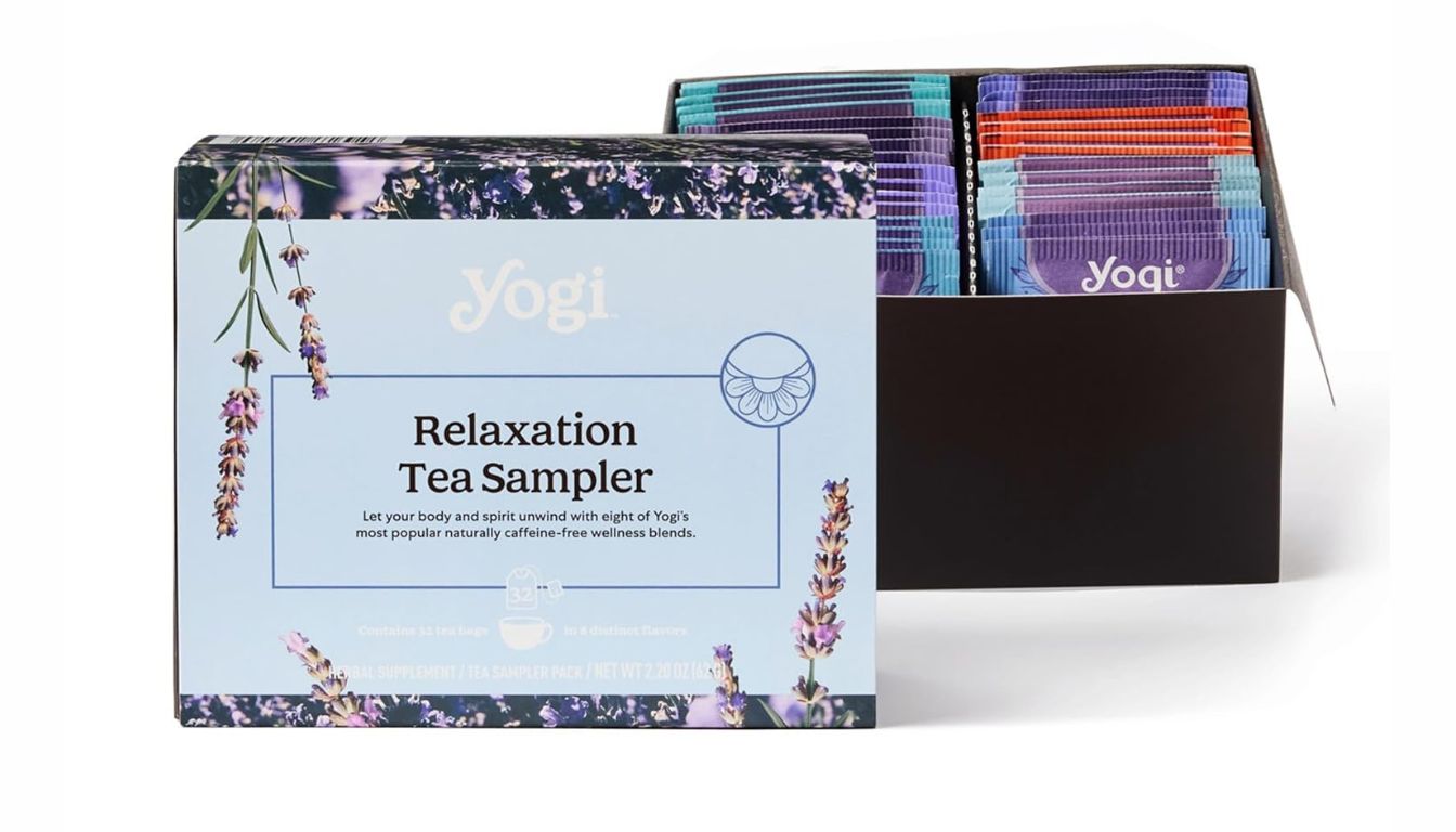 A box of Yogi Relaxation Tea Sampler with various tea bags displayed in an open box next to it.