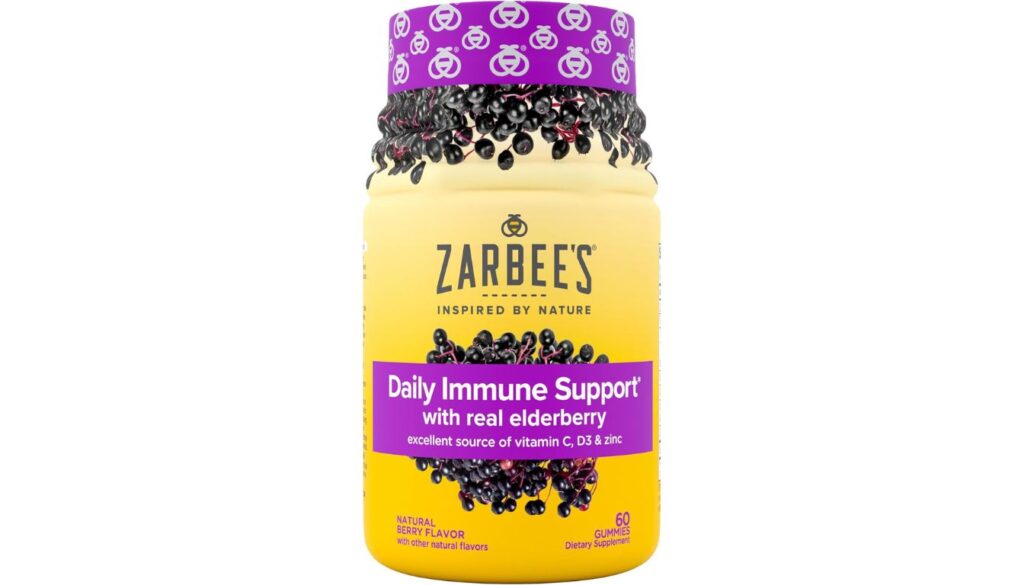 A bottle of Zarbee's Daily Immune Support gummies with real elderberry, featuring a yellow and purple label.