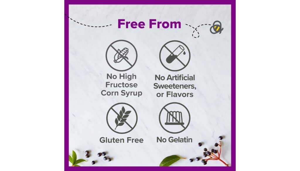 Image showing the features of Zarbee's Elderberry Gummy Daily Immune Support, highlighting that it is free from high fructose corn syrup, artificial sweeteners or flavors, gluten, and gelatin.