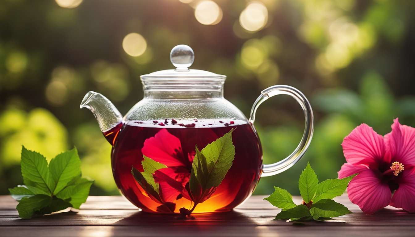 A glass teapot filled with hibiscus tea, surrounded by fresh hibiscus leaves and a hibiscus flower, placed on a wooden surface with a blurred green background.