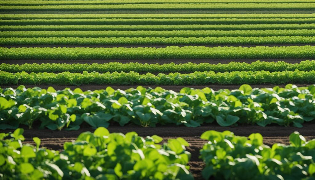 Rows of green crops growing in a field, showcasing different stages of growth and types of plants.