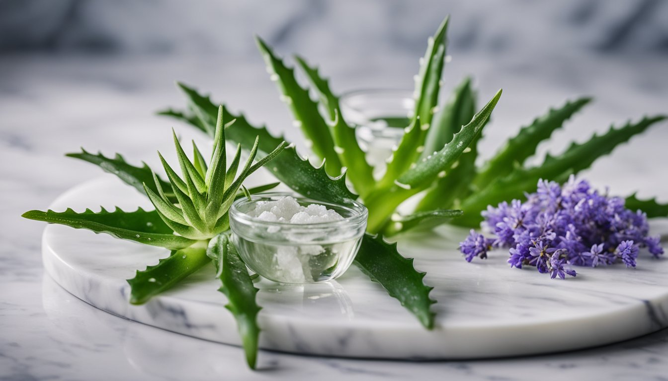 Aloe vera leaves and a small glass bowl of aloe vera gel on a marble surface, accompanied by a bunch of purple flowers.