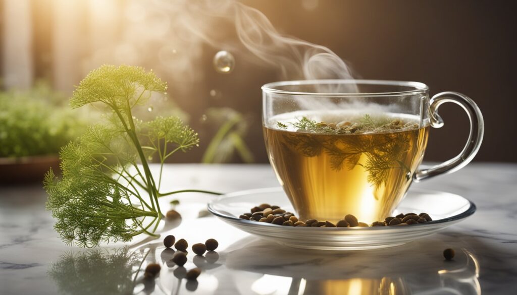 A steaming cup of fennel tea with fennel seeds and fresh fennel leaves on a marble surface, bathed in warm sunlight.