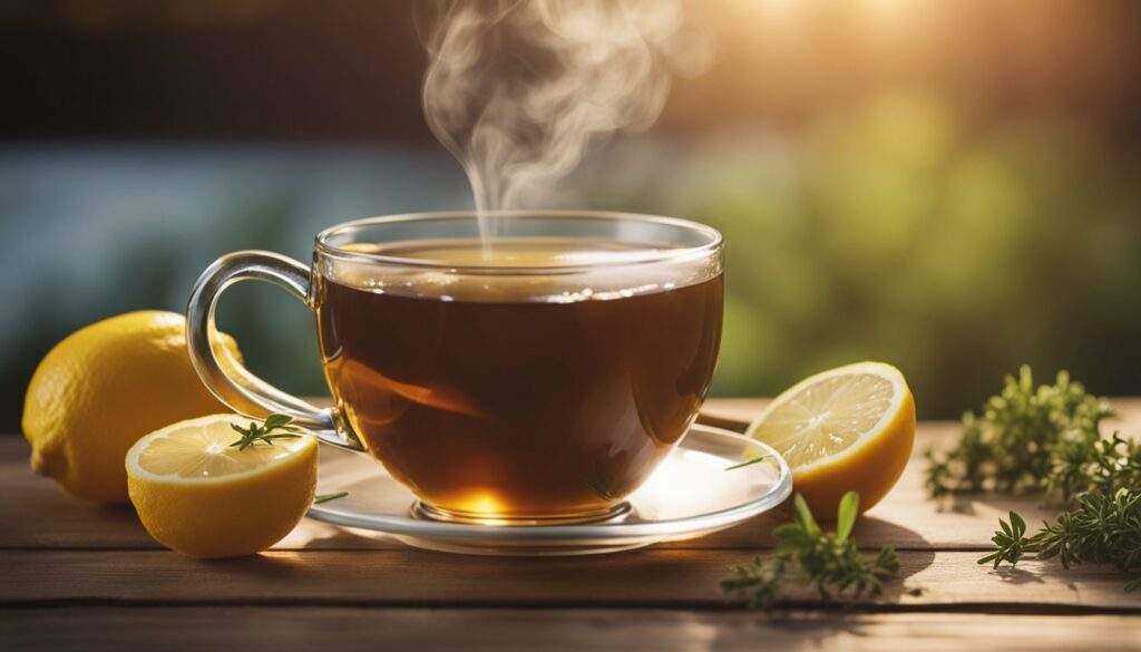 A steaming cup of tea with lemon and herbs on a wooden table, bathed in warm sunlight.