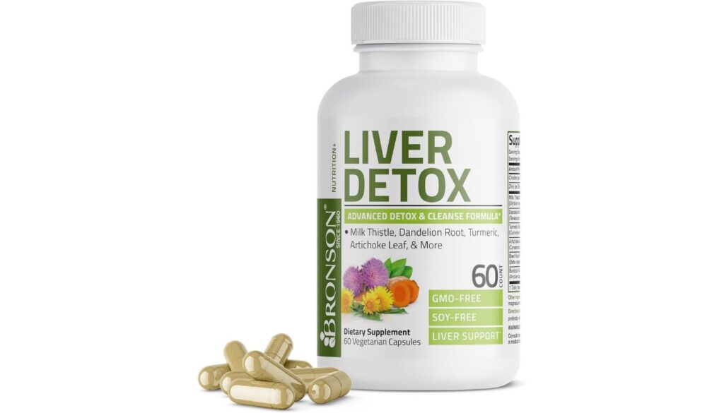 Bottle of Bronson Liver Detox supplements with 60 vegetarian capsules, featuring ingredients like Milk Thistle, Dandelion Root, Turmeric, and Artichoke Leaf.