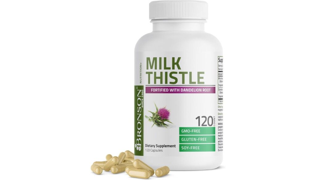 A bottle of Bronson Nutrition Milk Thistle dietary supplement with 120 capsules, fortified with dandelion root, and labeled as GMO-free, gluten-free, and soy-free.