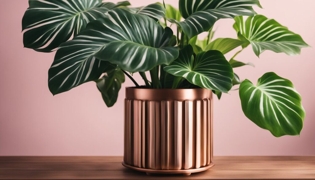 A Calathea Maranta plant with large, dark green leaves featuring prominent white stripes, placed in a shiny, copper-colored pot on a wooden surface against a soft pink background.
