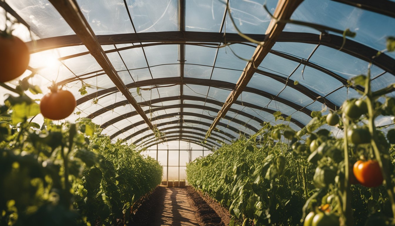 Interior view of a polytunnel with rows of tomato plants growing under a curved plastic cover.