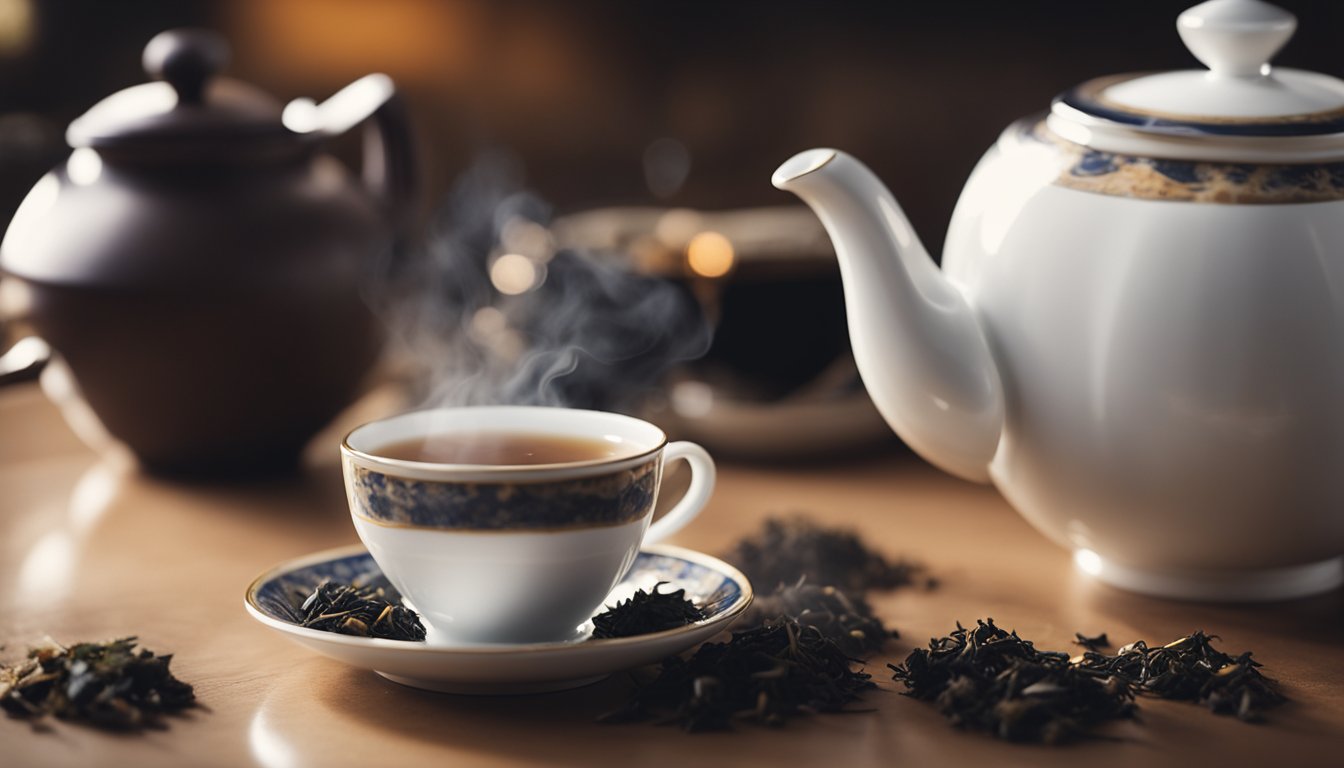 A steaming cup of tea in a white and blue patterned teacup and saucer, surrounded by loose tea leaves, with a white teapot and a dark teapot in the background.