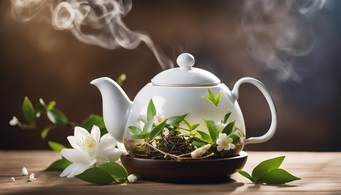 A steaming white teapot filled with jasmine tea leaves and jasmine flowers, surrounded by fresh green leaves and white jasmine flowers on a wooden surface.