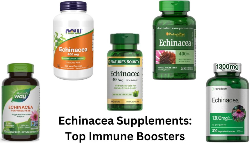 A collage of five different Echinacea supplement bottles from various brands, labeled "Echinacea Supplements: Top Immune Boosters."