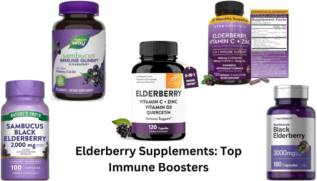 A collage of various elderberry supplement bottles from different brands, labeled "Elderberry Supplements: Top Immune Boosters."