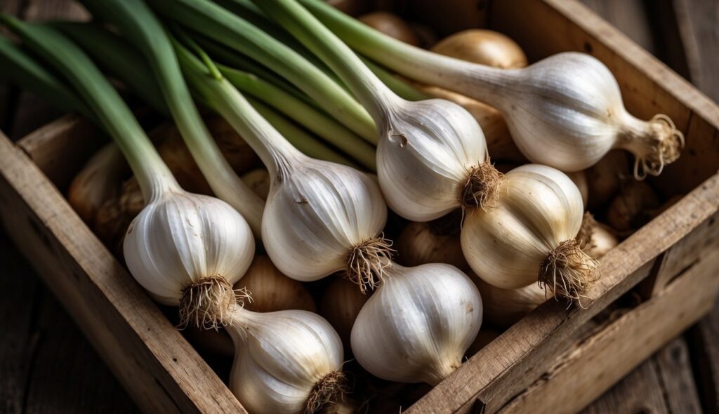 A wooden crate filled with fresh garlic bulbs, some with green stalks attached.