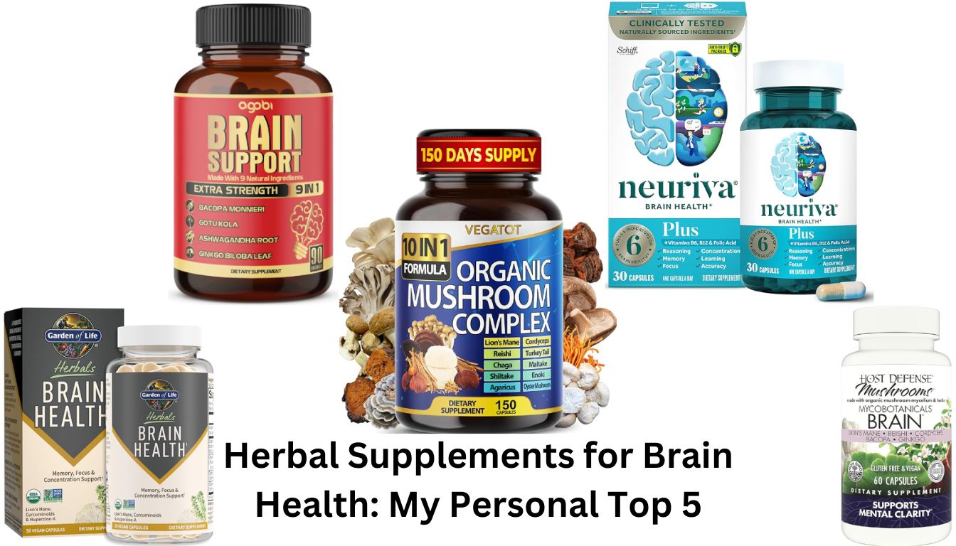 A collage of five different herbal supplements for brain health, including Agobi Brain Support, Vegatot Organic Mushroom Complex, Neuriva Plus, Garden of Life Brain Health, and Host Defense MycoBotanicals Brain.