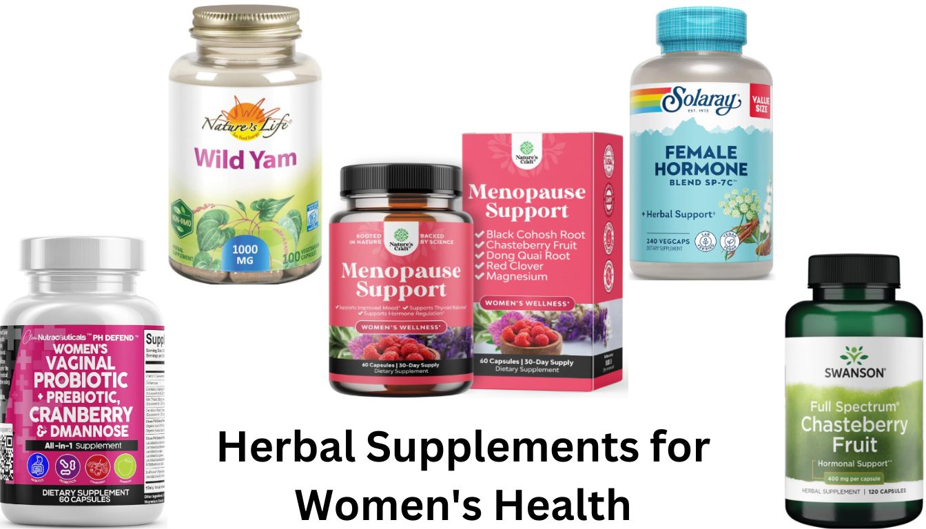 A collection of herbal supplements for women's health, including products for menopause support, hormone balance, and vaginal health.